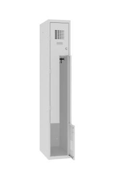 Preview: Z-Garderobenschrank ORGAMI ZGS 103 Preview: Lichtgrauer Z – Garderobenschrank mit geöffneter Tür und zwei ineinander laufenden Fächern. Wahlweise mit Zylinder oder Drehriegel. Als Aufbewahrung von Kleidung und persönlichen Gegenständen geeignet. Der Schrank steht vor einem weißen Hintergrund.